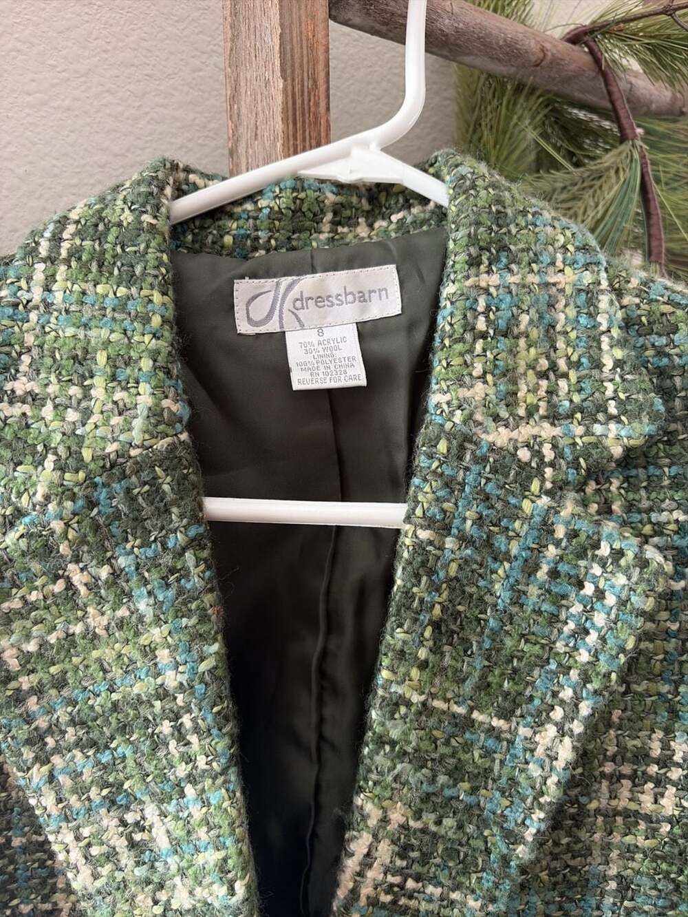 Dressbarn Green Multicolored Tweed Wool Blend Blazer Jacket Size 8